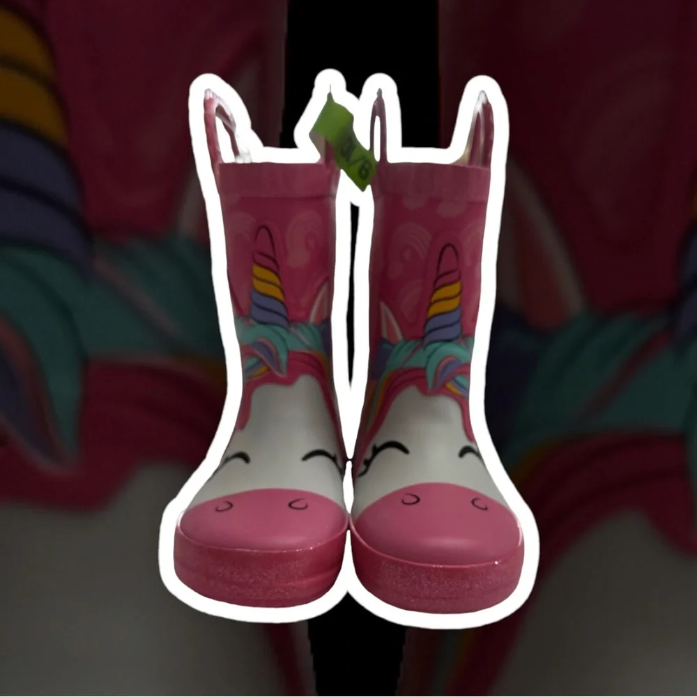 members mark Unicorn Rain Boots‎ Youth Toddler Girls Pink Rubber Rainbow sz 7/8